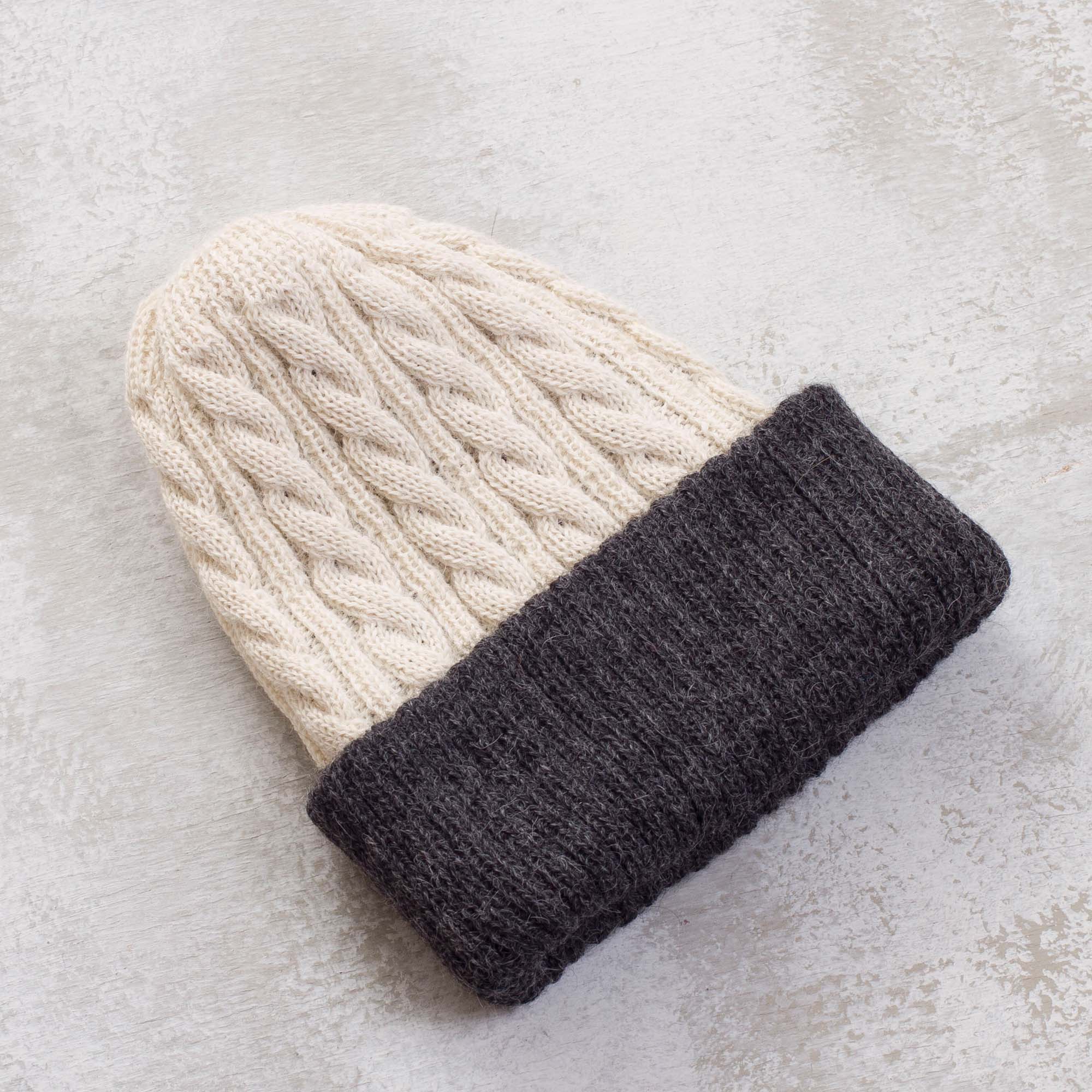 Premium Reversible Alpaca Knit Hat - White & Grey | Ultimate Winter Comfort