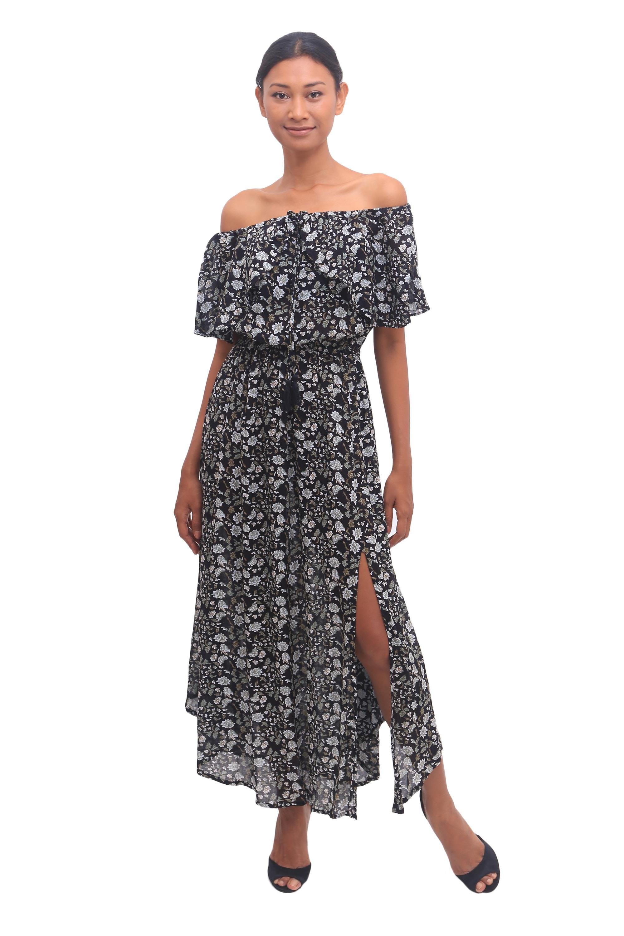 Premium Boho Bali Floral Print Midi Dress - Black with White & Olive Accents