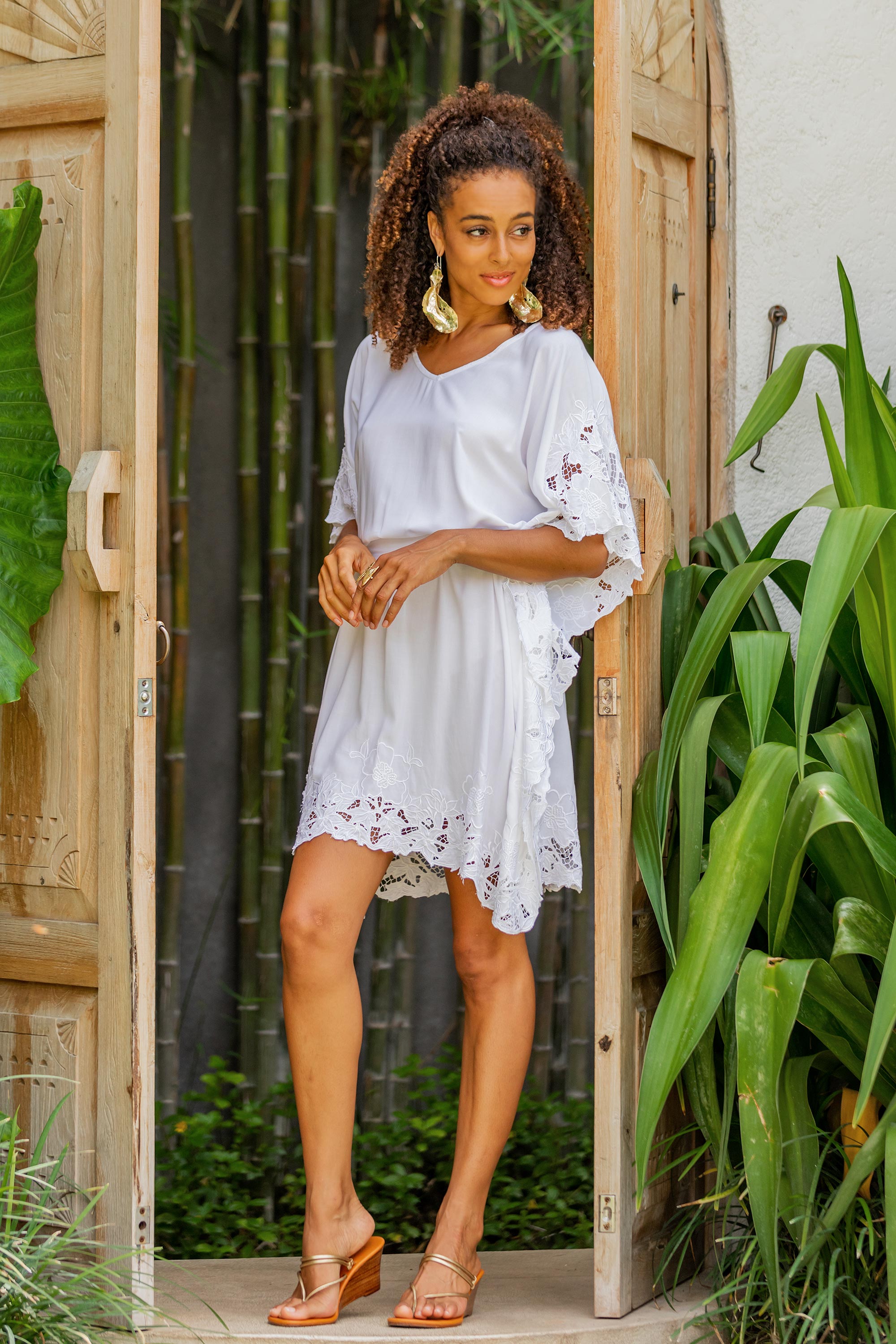 Premium White Rayon Caftan with Lace Detailing - Handcrafted in Bali