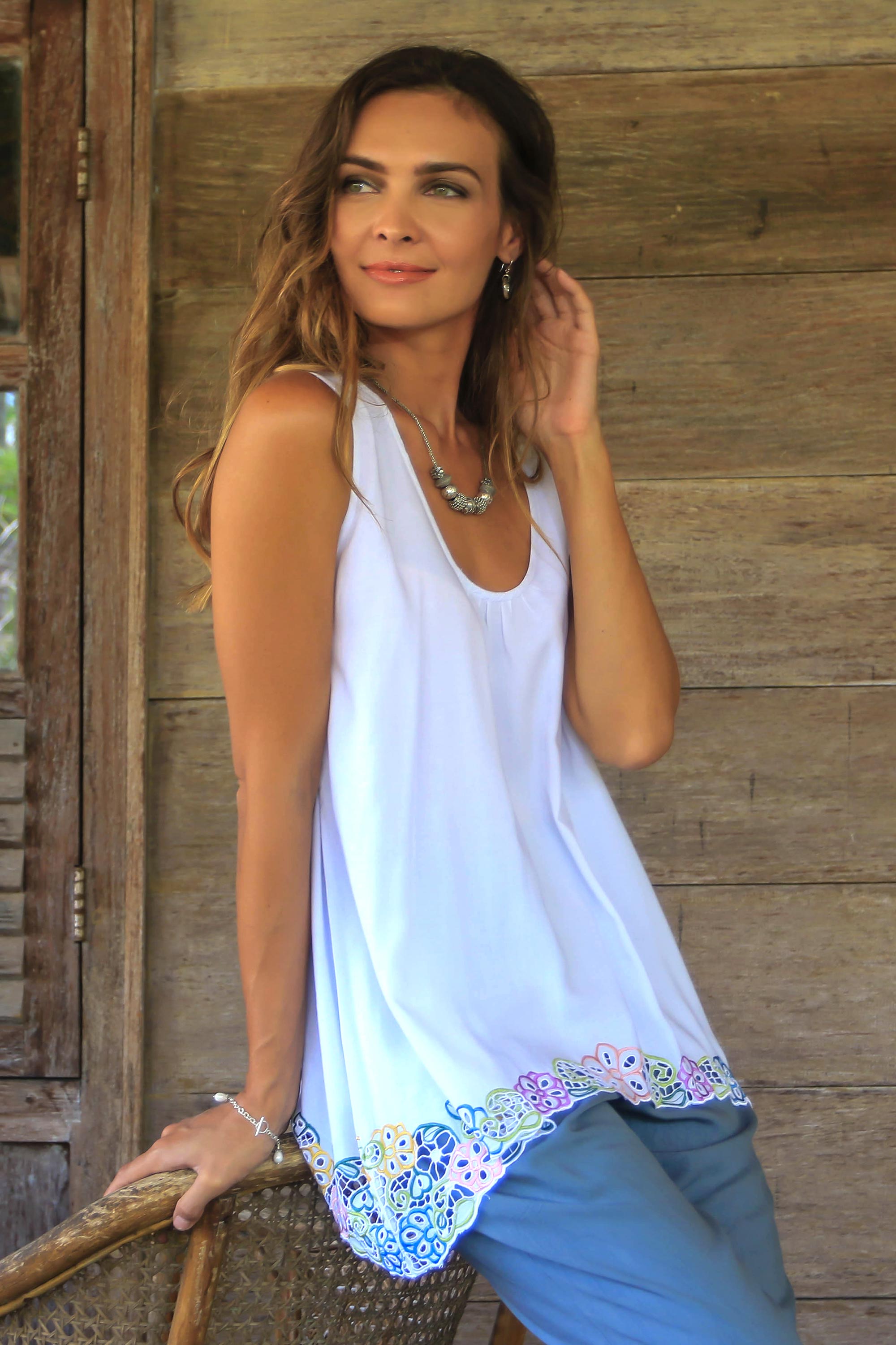 Premium White Floral Embroidered Rayon Blouse - Handcrafted in Bali