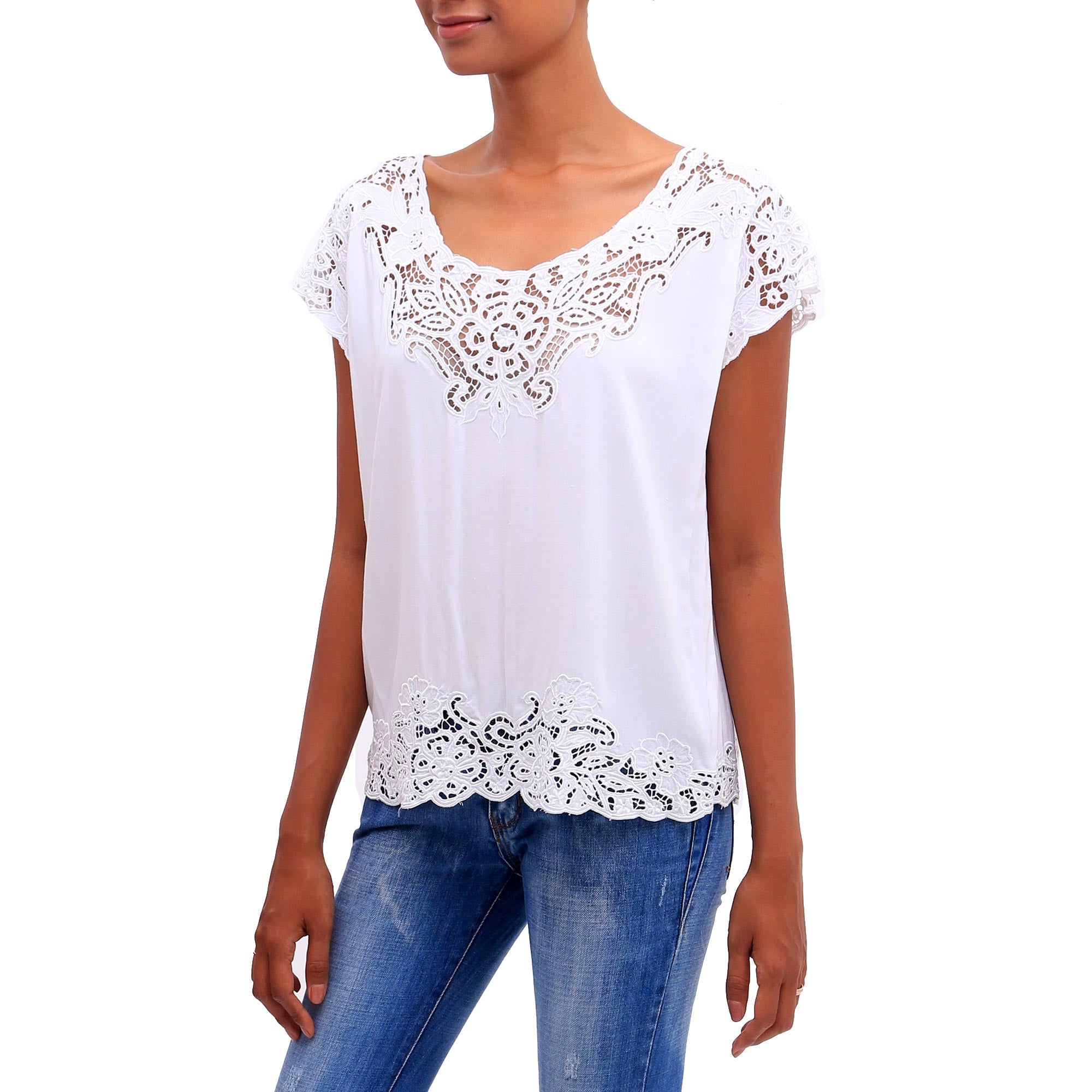 Premium White Kusuma Floral Embroidered Rayon Blouse - Handcrafted in Bali