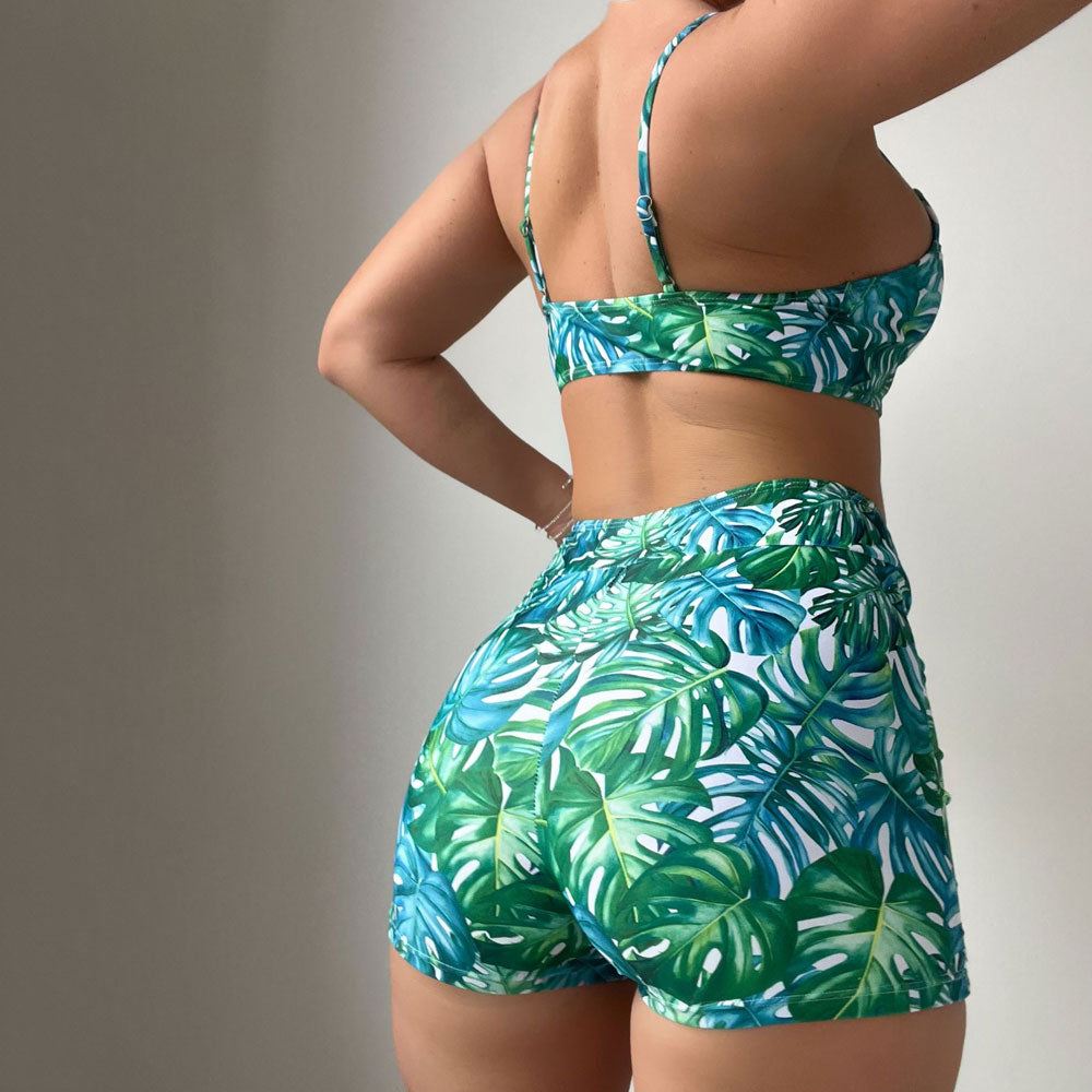 Premium Tropical Palm Leaf High-Waist Boyshort Bikini Set