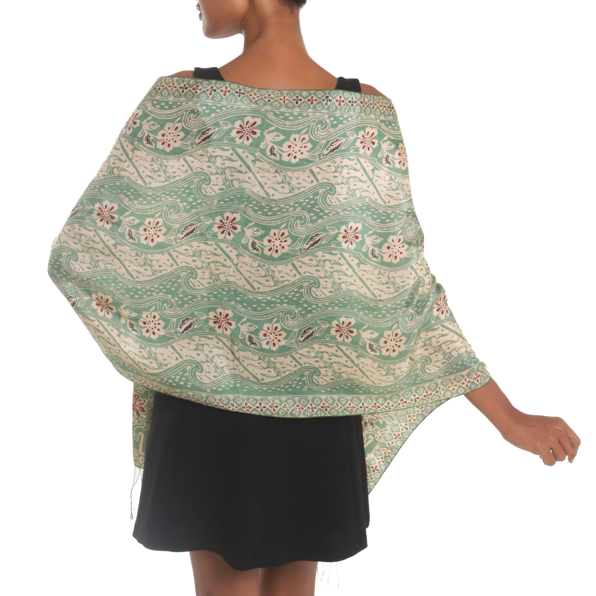 Premium Moss Green Batik Silk Shawl with Elegant Floral Motifs - Handcrafted in Bali