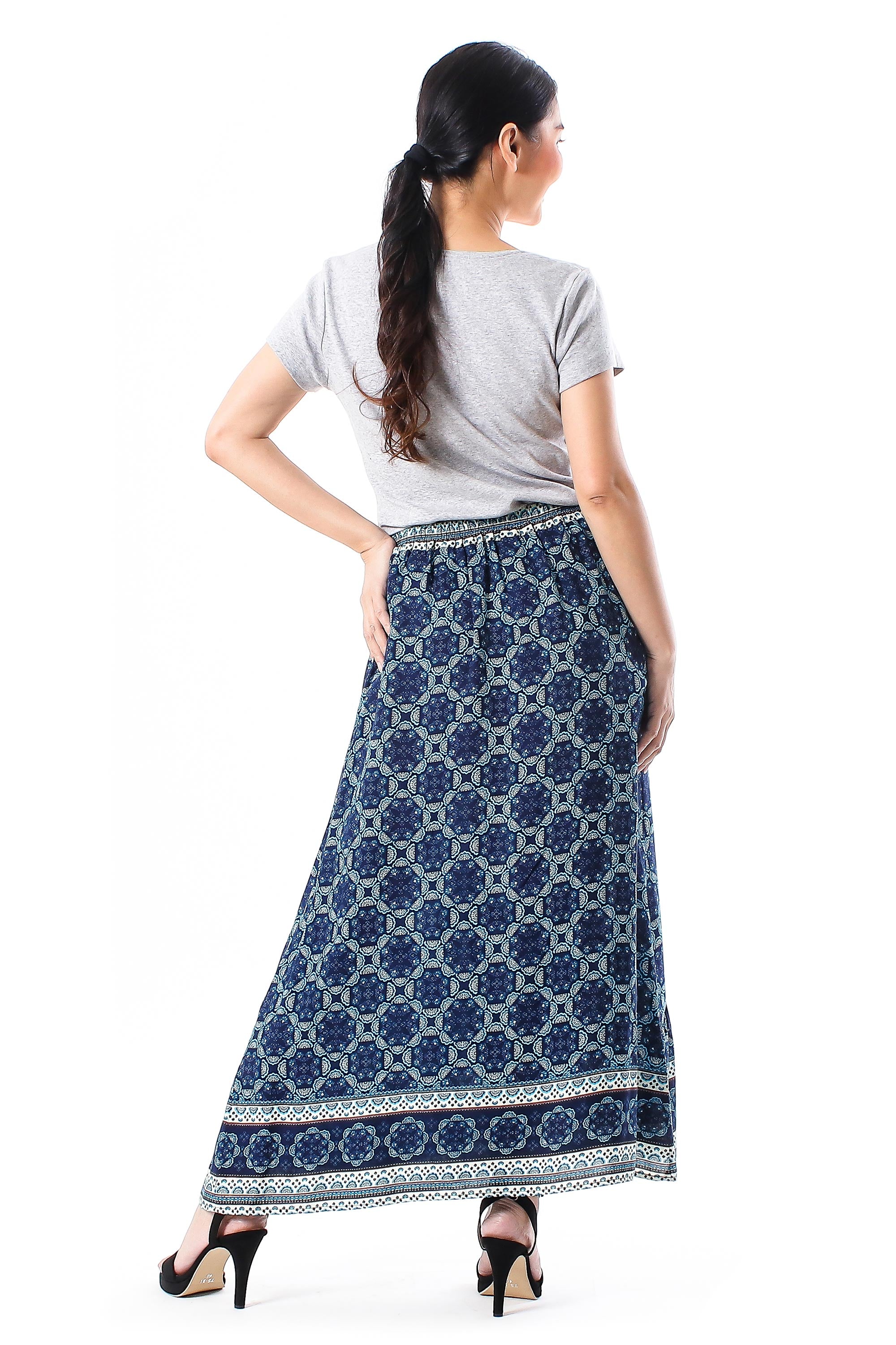 Premium Blue Rayon Maxi Skirt with Floral Motif - Elegant Evening Wear from Thailand