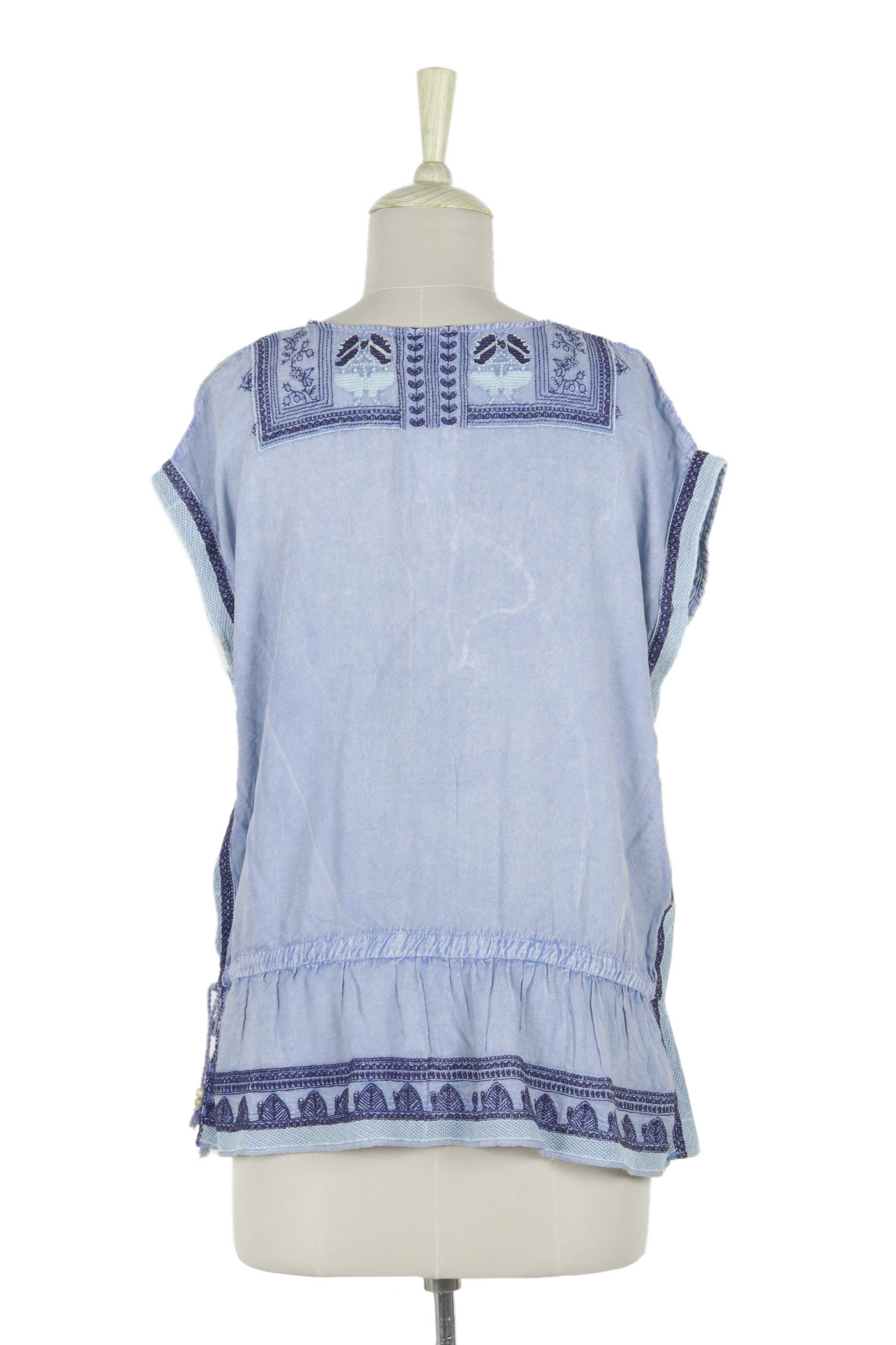 Premium Jaipur Chic Embroidered Viscose Blouse in Light Blue