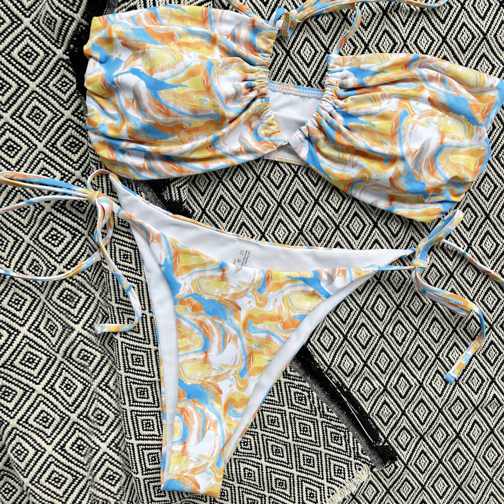 Bohemian Swirl Print Cut-Out Bandeau Bikini Set