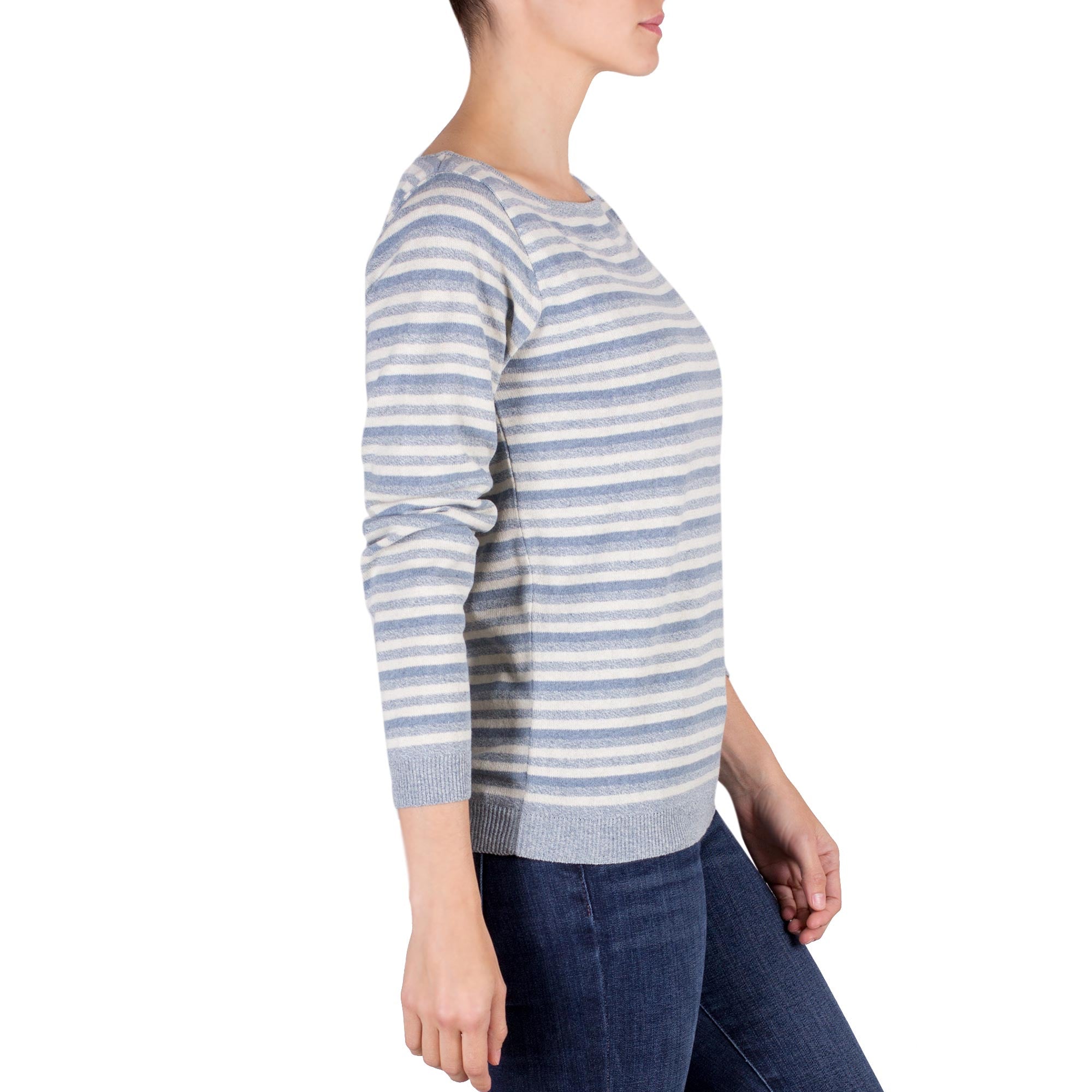 Premium Wedgwood Horizon Women's Blue & Ivory Striped Cotton Sweater