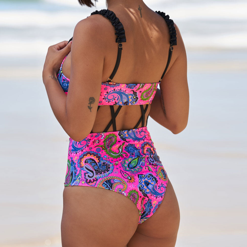 Premium Boho Paisley Print Brazilian One-Piece Swimsuit with Ruffle Details