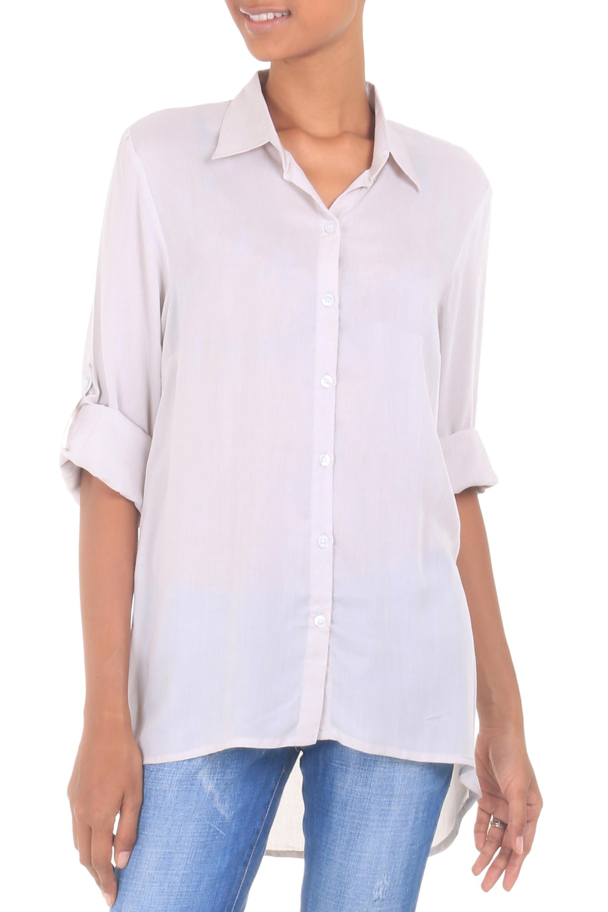 Premium Grey Artisan-Crafted Rayon Long-Sleeve Blouse with Collar – Ultimate Wardrobe Essential