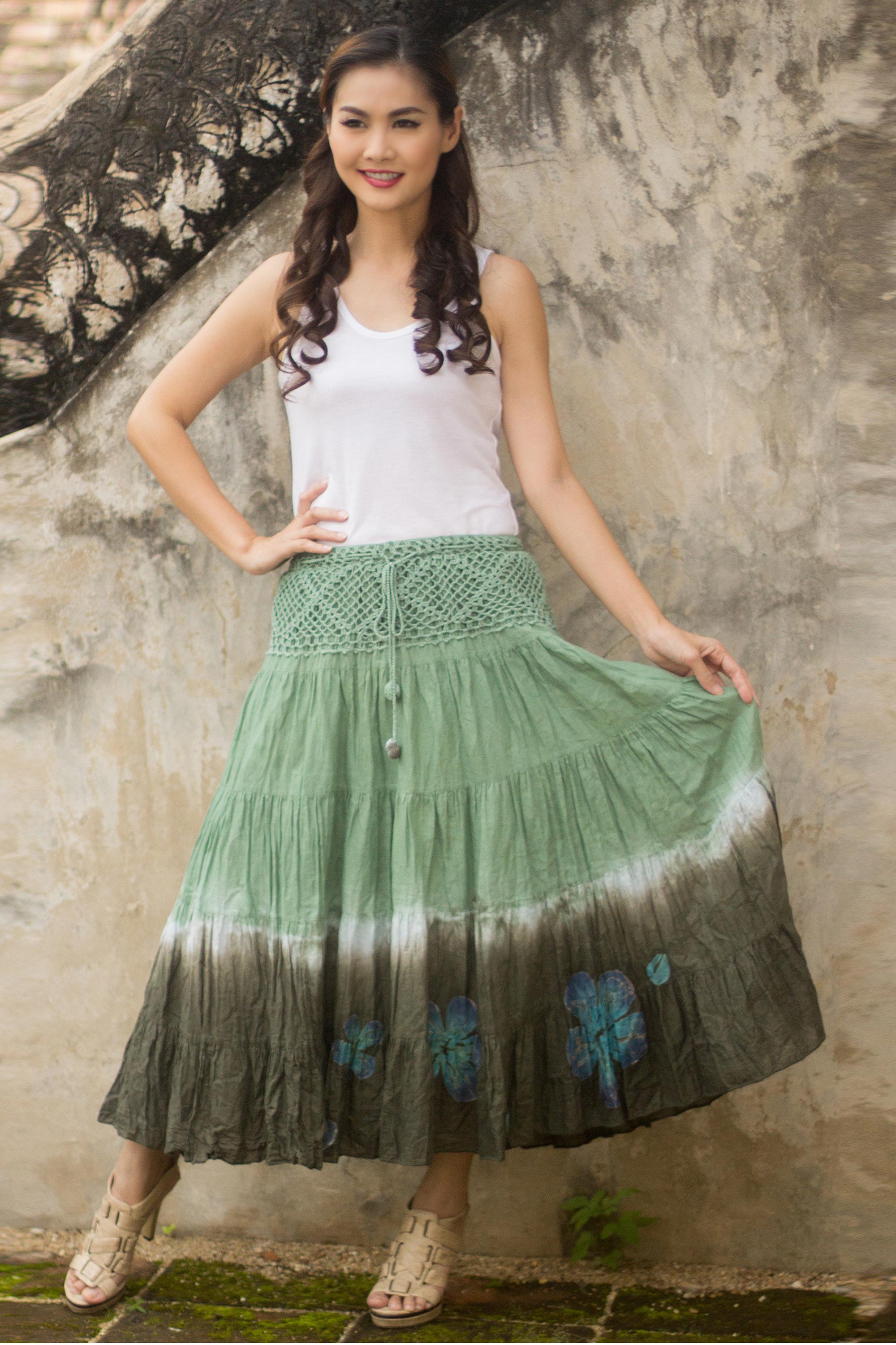 Premium Green Boho Chic Long Cotton Batik Skirt with Crochet Detail