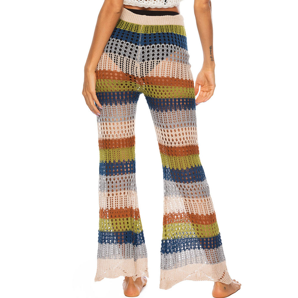 Ultimate Rainbow Striped Crochet Beach Pants - High Waist Split Design