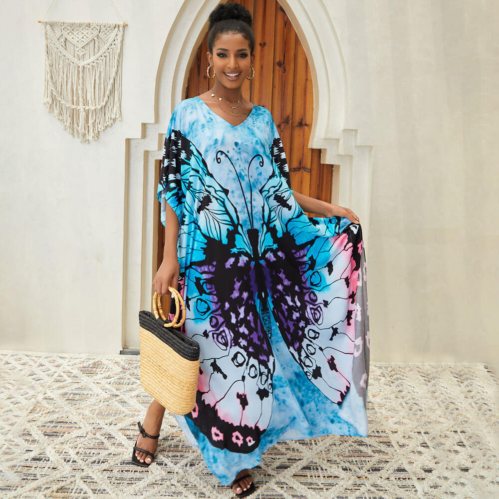 Premium Butterfly Print Brazilian Caftan Maxi Dress - Ultimate Vacation Essential