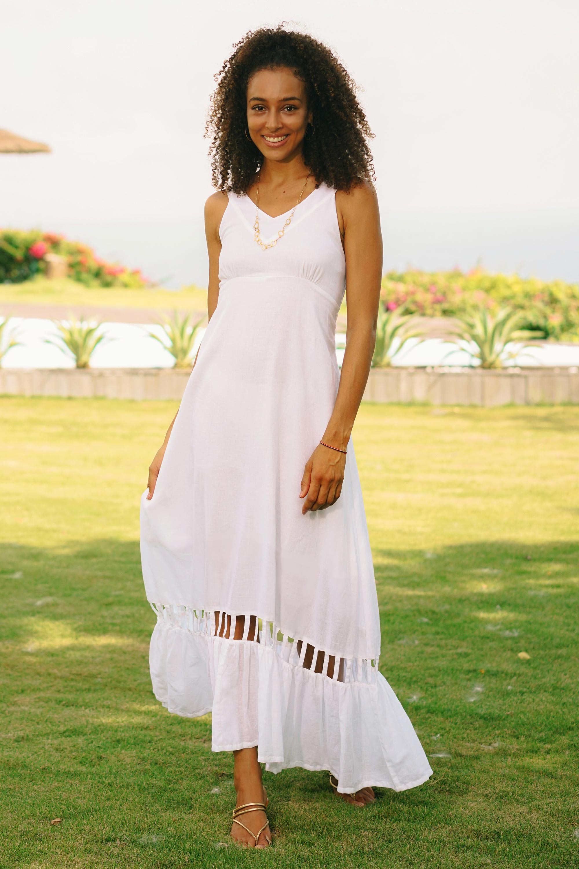 Premium Handcrafted White Cotton Sundress - Soiree in White