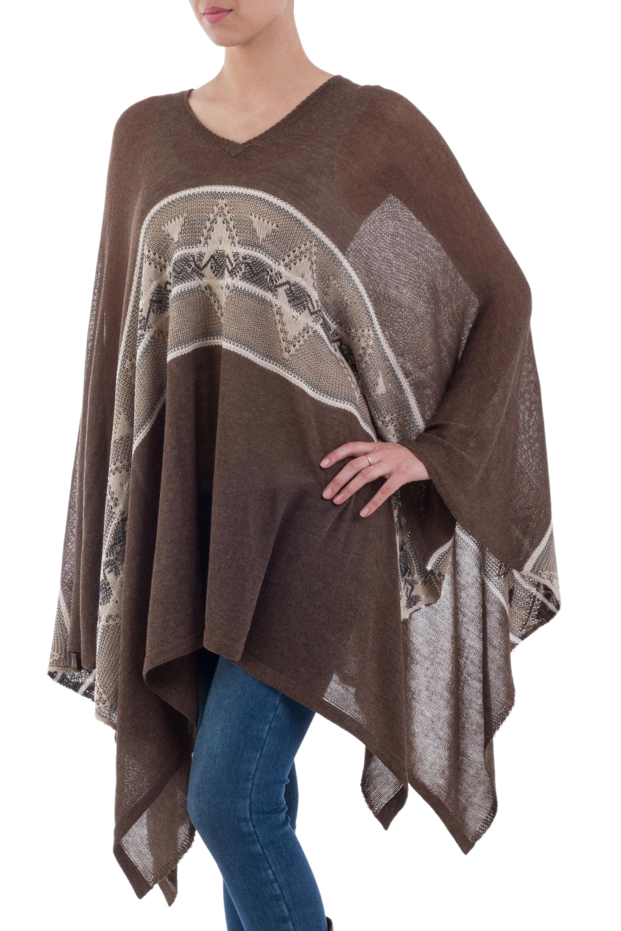 Premium Peruvian Woven Poncho - Dark Brown with Cream Stripe